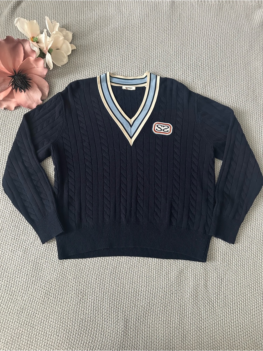 Sandro Monogram V-Neck Sweater Large
